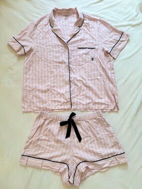 Victoria’s Secret Pink Striped Pajama Set Button Top Shorts L